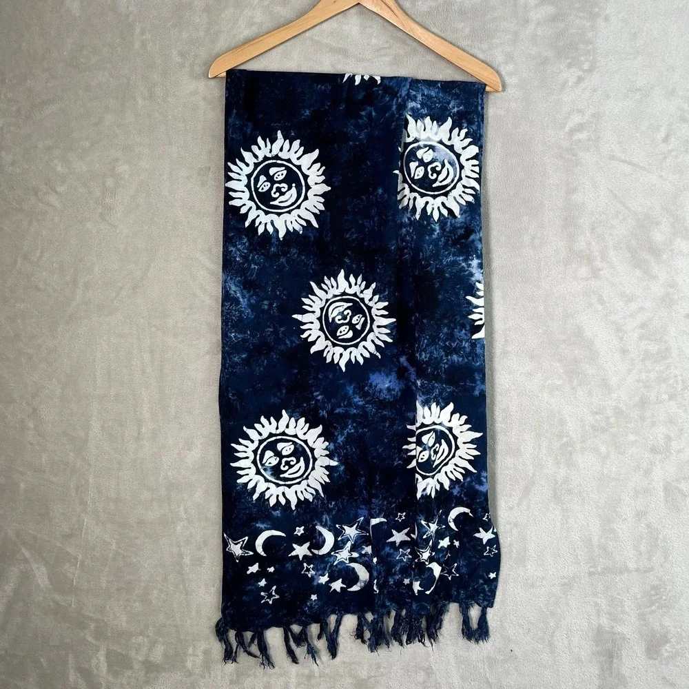 Beach Wrap Sarong Tie Dye Fringe BATIK Rayon Blue White Scarf Tapestry Celestial